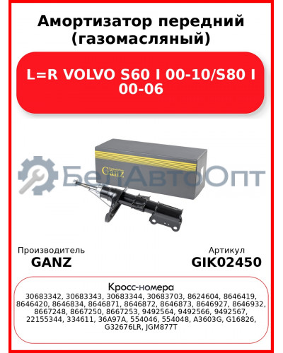 Амортизатор передний (газомасляный) L=R VOLVO S60 I 00-10/S80 I 00-06 GANZ GIK02450