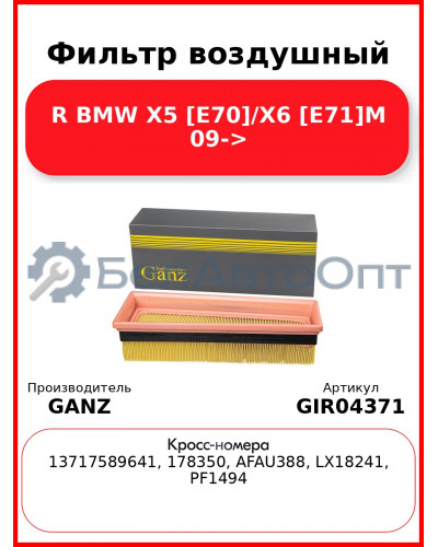 Фильтр воздушный R BMW X5 [E70]/X6 [E71]M 09-> GANZ GIR04371