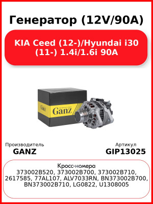 Генератор (12V/90A) KIA Ceed (12-)/Hyundai i30 (11-) 1.4i/1.6i 90A GANZ GIP13025