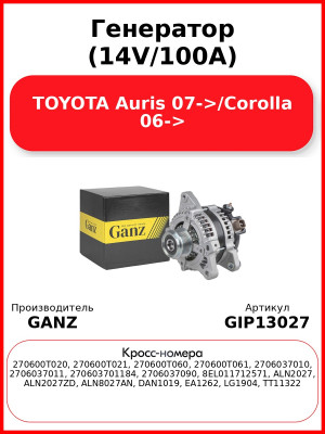 Генератор (14V/100A) TOYOTA Auris 07->/Corolla 06-> GANZ GIP13027