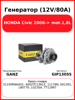 Генератор (12V/80A) HONDA Civic 2006-> mot.1,8L GANZ GIP13055