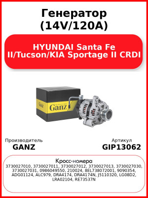 Генератор (14V/120A) HYUNDAI Santa Fe II/Tucson/KIA Sportage II CRDI GANZ GIP13062
