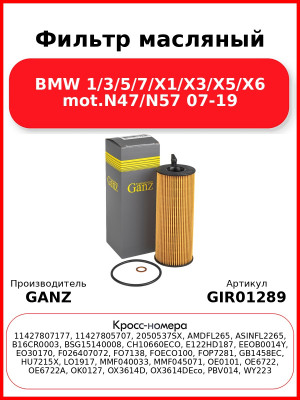 Фильтр масляный BMW 1/3/5/7/X1/X3/X5/X6 mot.N47/N57 07-19 GANZ GIR01289