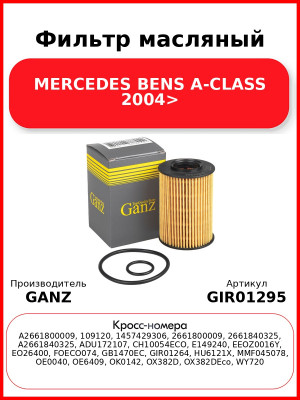 Фильтр масляный MERCEDES BENS A-CLASS 2004> GANZ GIR01295