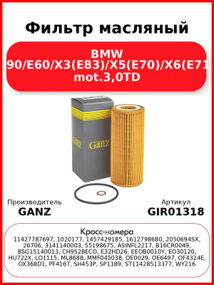 Фильтр масляный BMW E90/E60/X3(E83)/X5(E70)/X6(E71) mot.3,0TD GANZ GIR01318