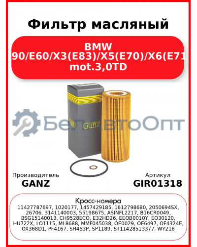 Фильтр масляный BMW E90/E60/X3(E83)/X5(E70)/X6(E71) mot.3,0TD GANZ GIR01318