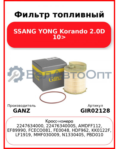 Фильтр топливный SSANG YONG Korando 2.0D 10> GANZ GIR02128