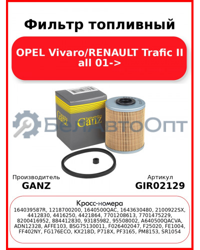 Фильтр топливный OPEL Vivaro/RENAULT Trafic II all 01-> GANZ GIR02129