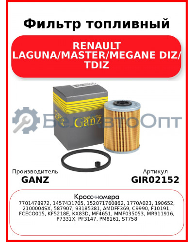 Фильтр топливный RENAULT LAGUNA/MASTER/MEGANE DIZ/ TDIZ GANZ GIR02152