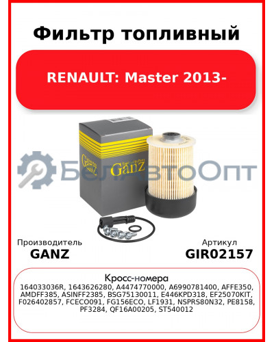 Фильтр топливный RENAULT: Master 2013- GANZ GIR02157