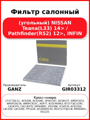 Фильтр салонный (угольный) NISSAN Teana(L33) 14> / Pathfinder(R52) 12>, INFIN GANZ GIR03312