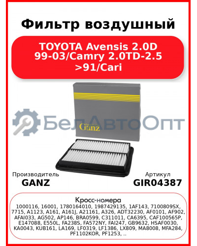 Фильтр воздушный TOYOTA Avensis 2.0D 99-03/Camry 2.0TD-2.5 >91/Cari GANZ GIR04387