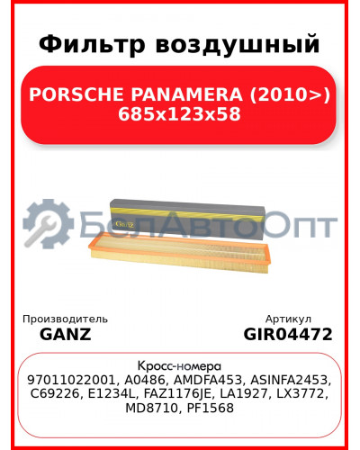 Фильтр воздушный PORSCHE PANAMERA (2010>) 685x123x58 GANZ GIR04472