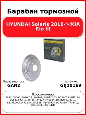 Барабан тормозной HYUNDAI Solaris 2010->/KIA Rio III GANZ GIJ10169