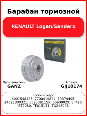 Барабан тормозной RENAULT Logan/Sandero GANZ GIJ10174