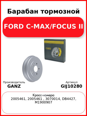 Барабан тормозной FORD C-MAX/FOCUS II GANZ GIJ10280