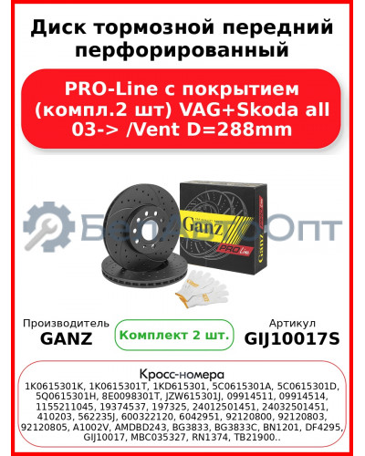 Диск тормозной передний перфорированный PRO-Line с покрытием (компл.2 шт) VAG+Skoda all 03-> /Vent D=288mm GANZ GIJ10017S