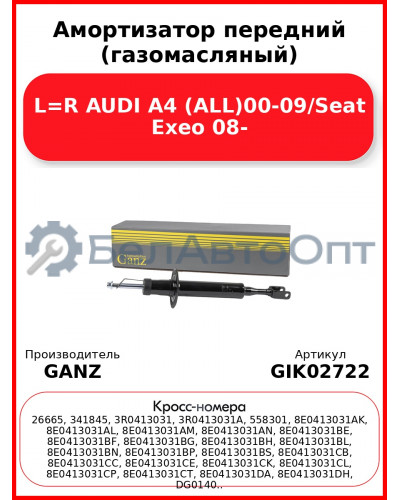 Амортизатор передний (газомасляный) L=R AUDI A4 (ALL)00-09/Seat Exeo 08- GANZ GIK02722