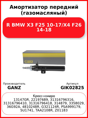 Амортизатор передний (газомасляный) R BMW X3 F25 10-17/X4 F26 14-18 GANZ GIK02825