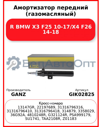 Амортизатор передний (газомасляный) R BMW X3 F25 10-17/X4 F26 14-18 GANZ GIK02825