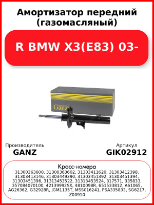 Амортизатор передний (газомасляный) R BMW X3(E83) 03- GANZ GIK02912