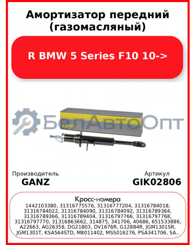 Амортизатор передний (газомасляный) R BMW 5 Series F10 10-> GANZ GIK02806