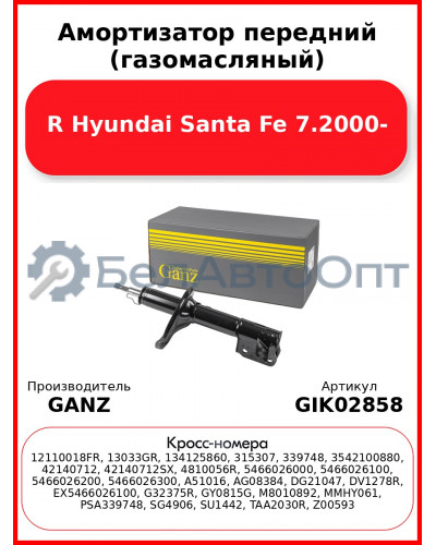 Амортизатор передний (газомасляный) R Hyundai Santa Fe 7.2000- GANZ GIK02858
