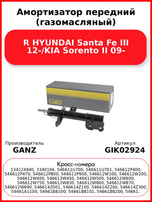Амортизатор передний (газомасляный) R HYUNDAI Santa Fe III 12-/KIA Sorento II 09- GANZ GIK02924
