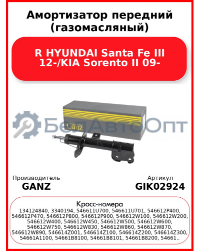 Амортизатор передний (газомасляный) R HYUNDAI Santa Fe III 12-/KIA Sorento II 09- GANZ GIK02924