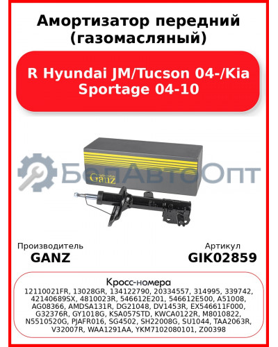 Амортизатор передний (газомасляный) R Hyundai JM/Tucson 04-/Kia Sportage 04-10 GANZ GIK02859