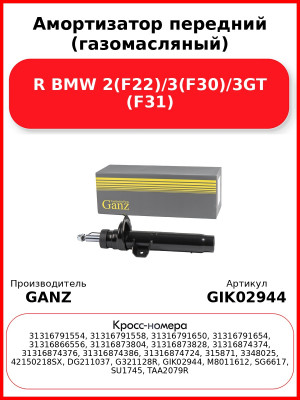 Амортизатор передний (газомасляный) R BMW 2(F22)/3(F30)/3GT (F31) GANZ GIK02944