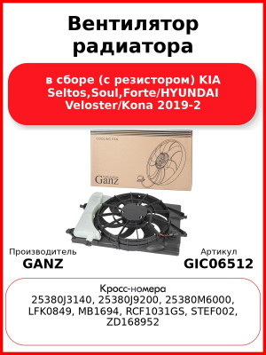 Вентилятор радиатора в сборе (с резистором) KIA Seltos,Soul,Forte/HYUNDAI Veloster/Kona 2019-2 GANZ GIC06512