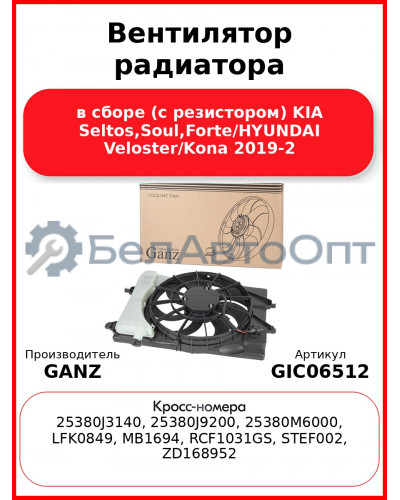 Вентилятор радиатора в сборе (с резистором) KIA Seltos,Soul,Forte/HYUNDAI Veloster/Kona 2019-2 GANZ GIC06512