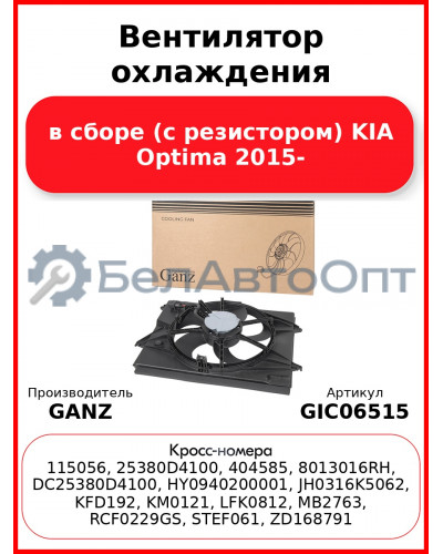 Вентилятор охлаждения в сборе (с резистором) KIA Optima 2015- GANZ GIC06515