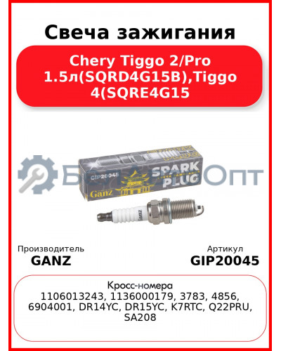Свеча зажигания Chery Tiggo 2/Pro 1.5л(SQRD4G15B),Tiggo 4(SQRE4G15 GANZ GIP20045