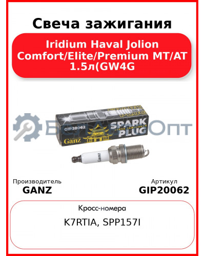 Свеча зажигания Iridium Haval Jolion Comfort/Elite/Premium MT/AT 1.5л(GW4G GANZ GIP20062