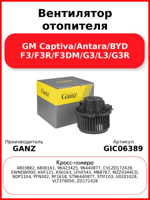 Вентилятор отопителя GM Captiva/Antara/BYD F3/F3R/F3DM/G3/L3/G3R GANZ GIC06389