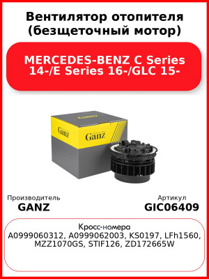 Вентилятор отопителя (безщеточный мотор) MERCEDES-BENZ C Series 14-/E Series 16-/GLC 15- GANZ GIC06409