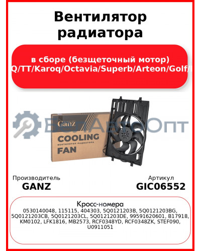 Вентилятор радиатора в сборе (безщеточный мотор) A3/Q2/Q/TT/Karoq/Octavia/Superb/Arteon/Golf/Passat GANZ GIC06552