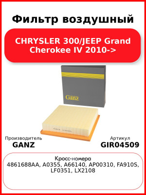 Фильтр воздушный CHRYSLER 300/JEEP Grand Cherokee IV 2010-> GANZ GIR04509