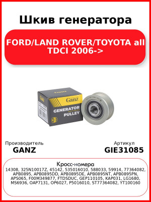 Шкив генератора FORD/LAND ROVER/TOYOTA all TDCI 2006-> GANZ GIE31085