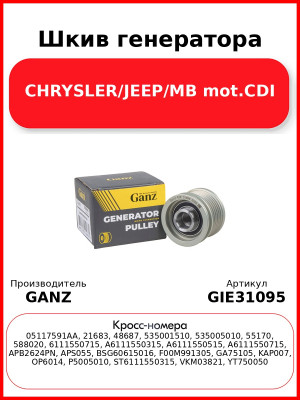 Шкив генератора CHRYSLER/JEEP/MB mot.CDI GANZ GIE31095