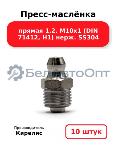 Пресс-маслёнка прямая 1.2. М10х1 (DIN 71412, Н1) нерж. SS304. Комплект 10(шт.