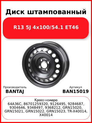 Диск штампованный R15 6J 4x100/60.1 ET36 BANTAJ Black BAN15019
